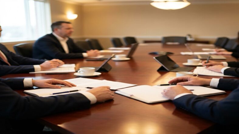 Nonprofit board members reviewing documents during a meeting
