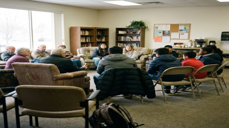 Diverse group of people gathered for a discussion in a nonprofit community center