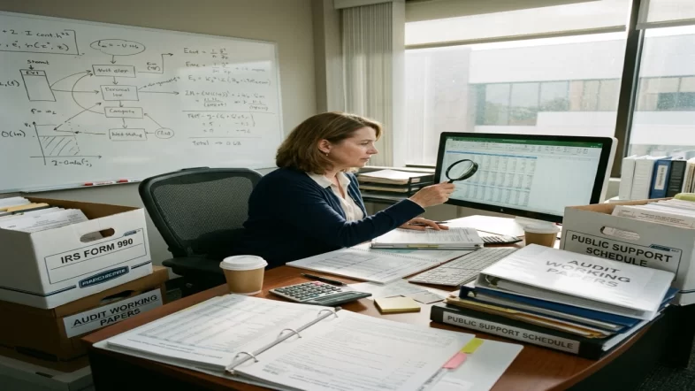 Nonprofit financial compliance officer analyzing data and documents for the IRS Public Support Test