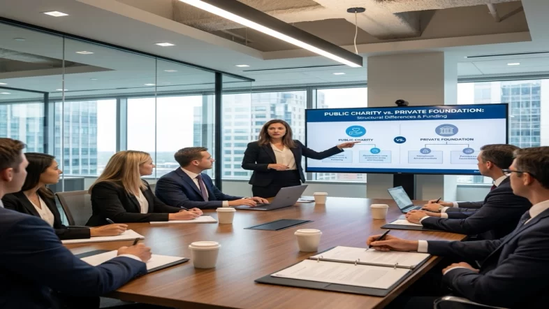 Legal advisor pointing to a presentation comparing Public Charity vs Private Foundation structures to stakeholders