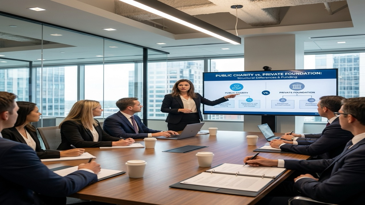 Legal advisor pointing to a presentation comparing Public Charity vs Private Foundation structures to stakeholders