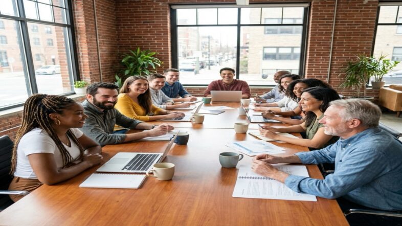 Nonprofit board members reviewing documents during a meeting
