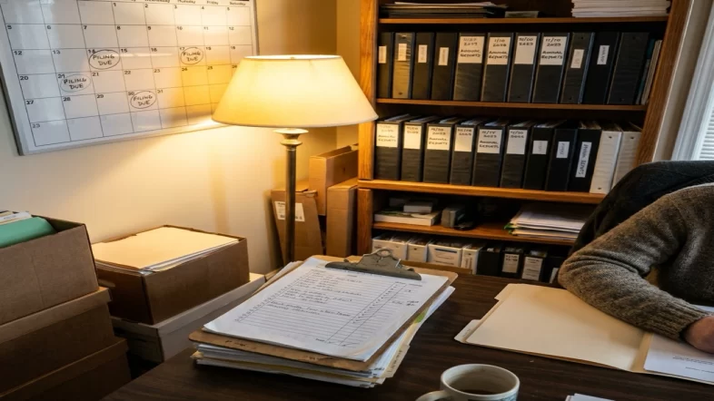 Organized office workspace with annual report binders and calendar for filing requirements after approval