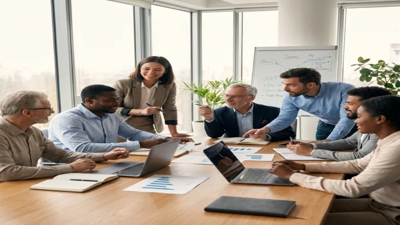Staff members collaborating in a modern nonprofit office environment