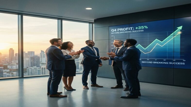 Business owners and stakeholders in a corporate office celebrating financial success and profit growth