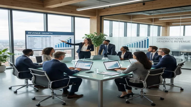 Diverse professional team reviewing revenue spreadsheets and growth charts demonstrating financial success in a modern office