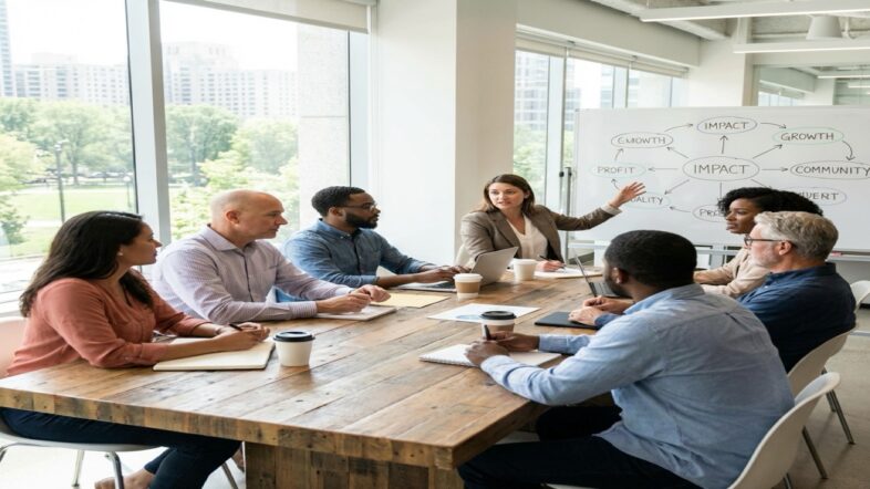 Nonprofit founders reviewing plans and documents for collaboration