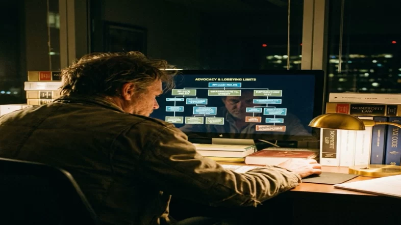 Nonprofit founder looking concerned at a complex advocacy and lobbying limits flowchart on a monitor late at night