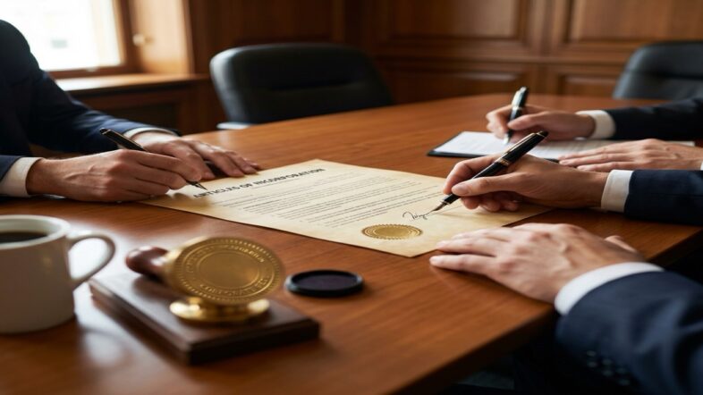 Board members signing Articles of Incorporation document with corporate seal on a professional boardroom table