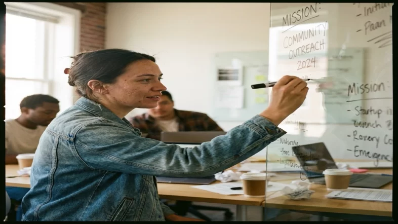 Diverse nonprofit team brainstorming mission statement on a glass whiteboard in a sunlit modern office