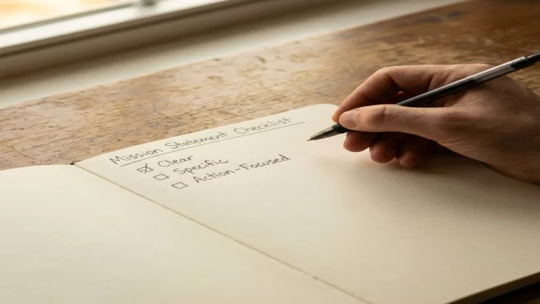 Close-up of a hand reviewing a mission statement checklist in a notebook emphasizing clarity and specificity