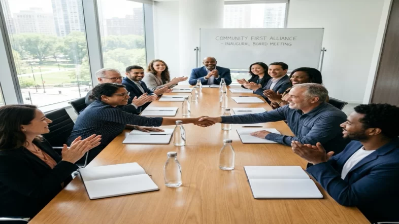 First nonprofit board meeting with diverse members shaking hands and smiling around a conference table