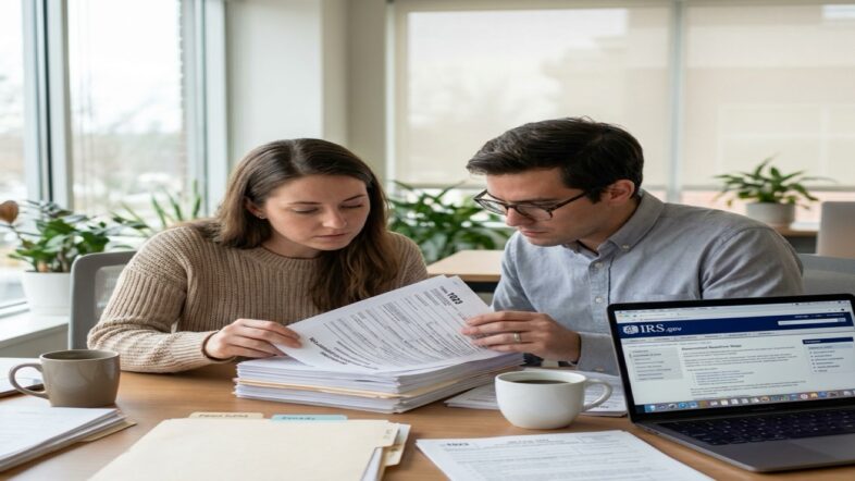 Nonprofit staff and accountant reviewing IRS Form 1023 tax-exempt application with laptop showing IRS website