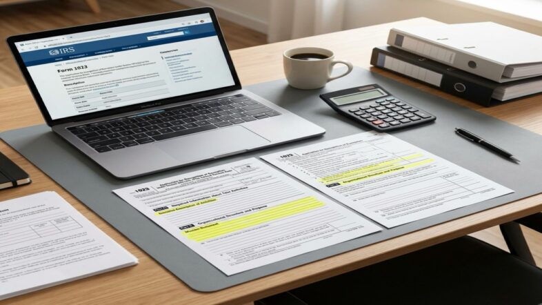 Overhead view of IRS Form 1023 with the mission contribution section highlighted in a professional setting
