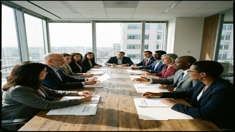 Nonprofit board of directors reviewing 501(c)(3) formation documents in a professional conference room
