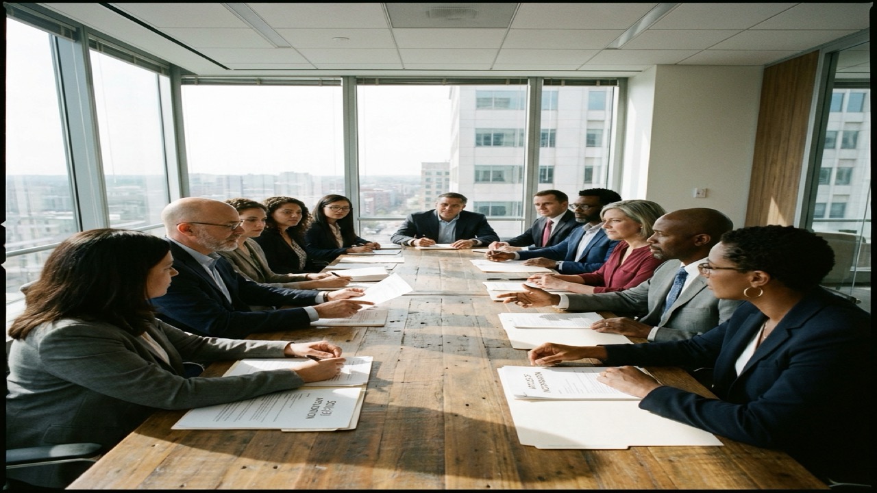 Nonprofit board of directors reviewing 501(c)(3) formation documents in a professional conference room