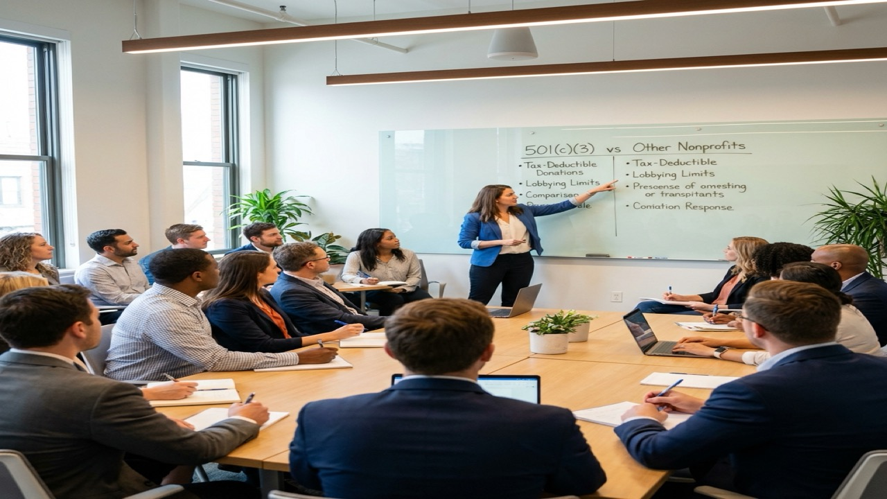 Nonprofit workshop with presenter explaining 501(c)(3) versus other nonprofit categories on a whiteboard