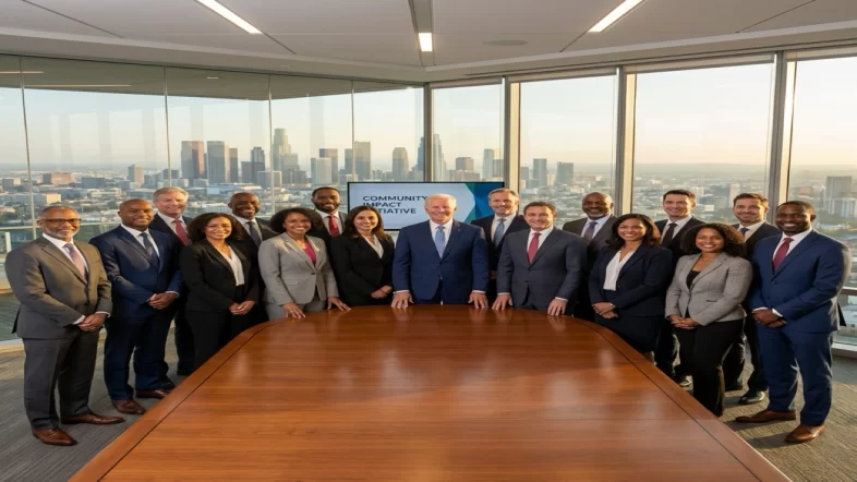 Diverse and professional nonprofit board members standing confidently in a modern boardroom representing strong leadership